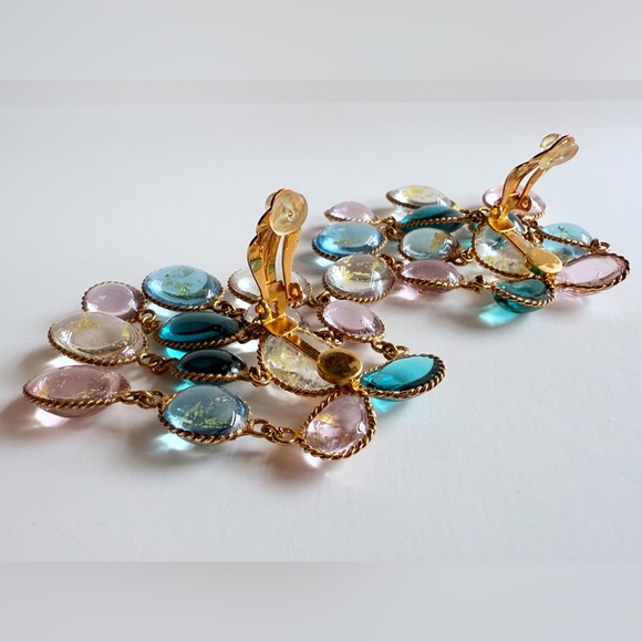 Vintage French Gripoix Poured Glass Chandelier Earrings Pink Blue Gold Leaf Foil - Picture 14 of 16